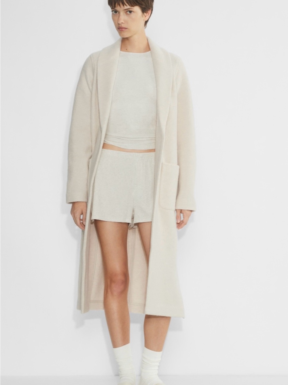 Aritzia Cream Long Shawl-Collar Robe with Patch Pocket
